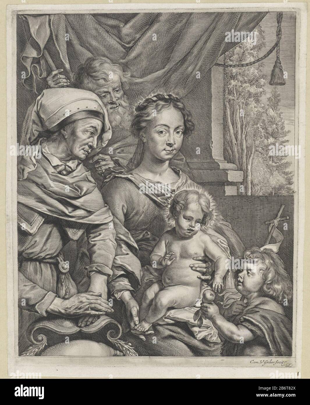 Heilige Familie met Elisabet en Johannes the holy family with Elizabeth and John the Baptist as a child. John, ha in his hand a standard, represents the BC Child and hands him a peer aan. Manufacturer : print maker: Cornelis Visscher (II) (referred to on object) to a design of: Jacopo Palma (il Vecchio) (possibly) Place manufacture: Haarlem Dating: 1638 - 1658 Physical features: engra and etching material: paper Technique: engra (printing process) / etch dimensions: plate edge: h 236 mm × W 300 mm Subject: Holy Family with John the Baptist (as child) fruits: pear Stock Photo