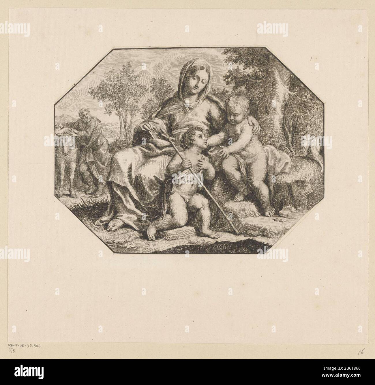 Heilige Familie met Johannes de Doper The incumbent Maria puts his arm ...