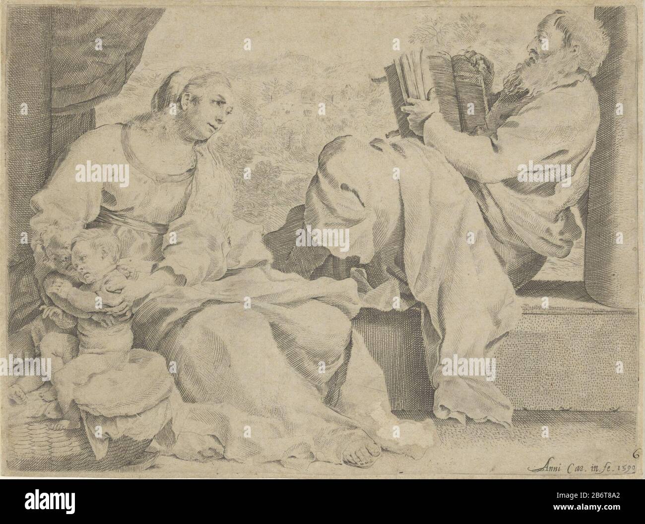 Heilige Familie met de jonge Johannes de Doper Maria sits on a wall ...