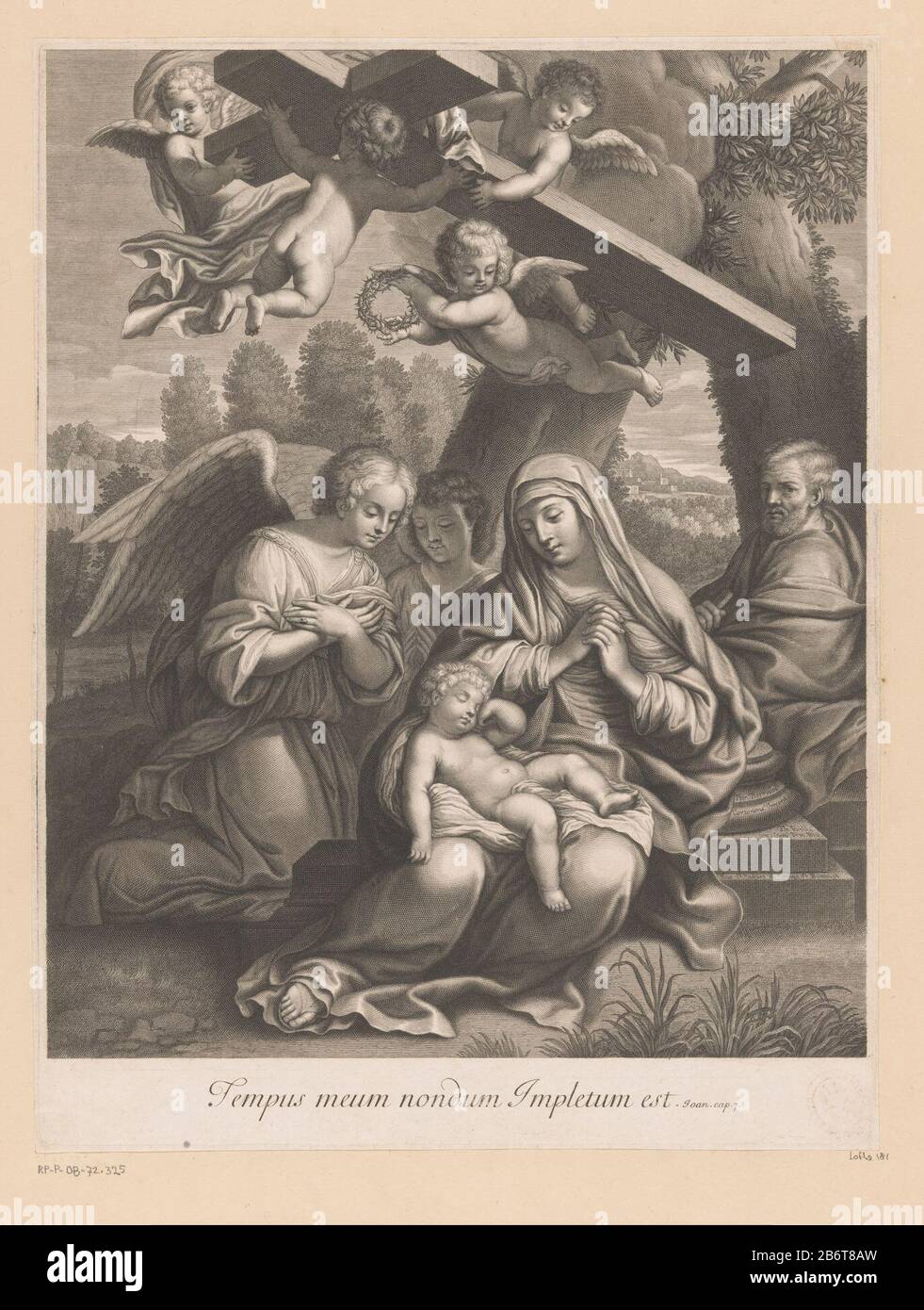 Heilige Familie met slapend kind aanbeden door engelen, boven hen dragen putti het kruis Holy Family with sleeping child adored by angels above them wearing putti cross object type: picture Item number: RP-P-OB-72.325 Inscriptions / Brands: collector's mark, verso, stamped: Lugt 240 Manufacturer : printmaker: François de poilly (I) designer: Pietro da Cortona (listed building) publisher: Francois de Poilly (I) (listed building) Place manufacture: Paris Date: 1632 - 1693 Material: paper Technique: engra (printing process) Dimensions: plate edge: h 449 mm b × 343 mm Subject: angels in adorationH Stock Photo
