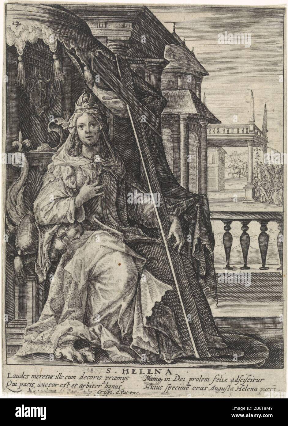 Heilige Helena Beroemde vrouwen (serietitel) The St. Helena with the cross in her hand, sitting on a throne. In the margin a four-line signature, in two columns, in Latijn. Manufacturer : printmaker: Magdalena van de Passe (listed building) publisher: Crispijn of Passe (I) (listed building) Place manufacture: Unknown Date: 1574 - 1637 Physical features: car material: paper Technique: engra (printing process) Dimensions: sheet: h 135 mm × W 99 mm Subject: St. Helena (one of the nine worthiest women) Stock Photo