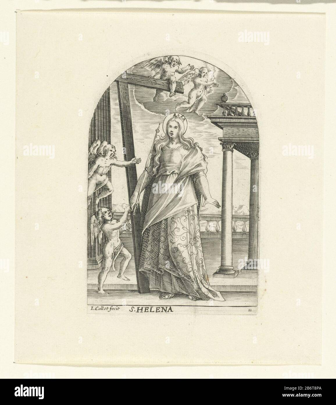 Heilige Helena S Helena op object) Schilderijen en sculpturen te Rome (serietitel) The Saint Helena, standing beside a cross, on a patio or terrace with classical architecture. Gathered around her and