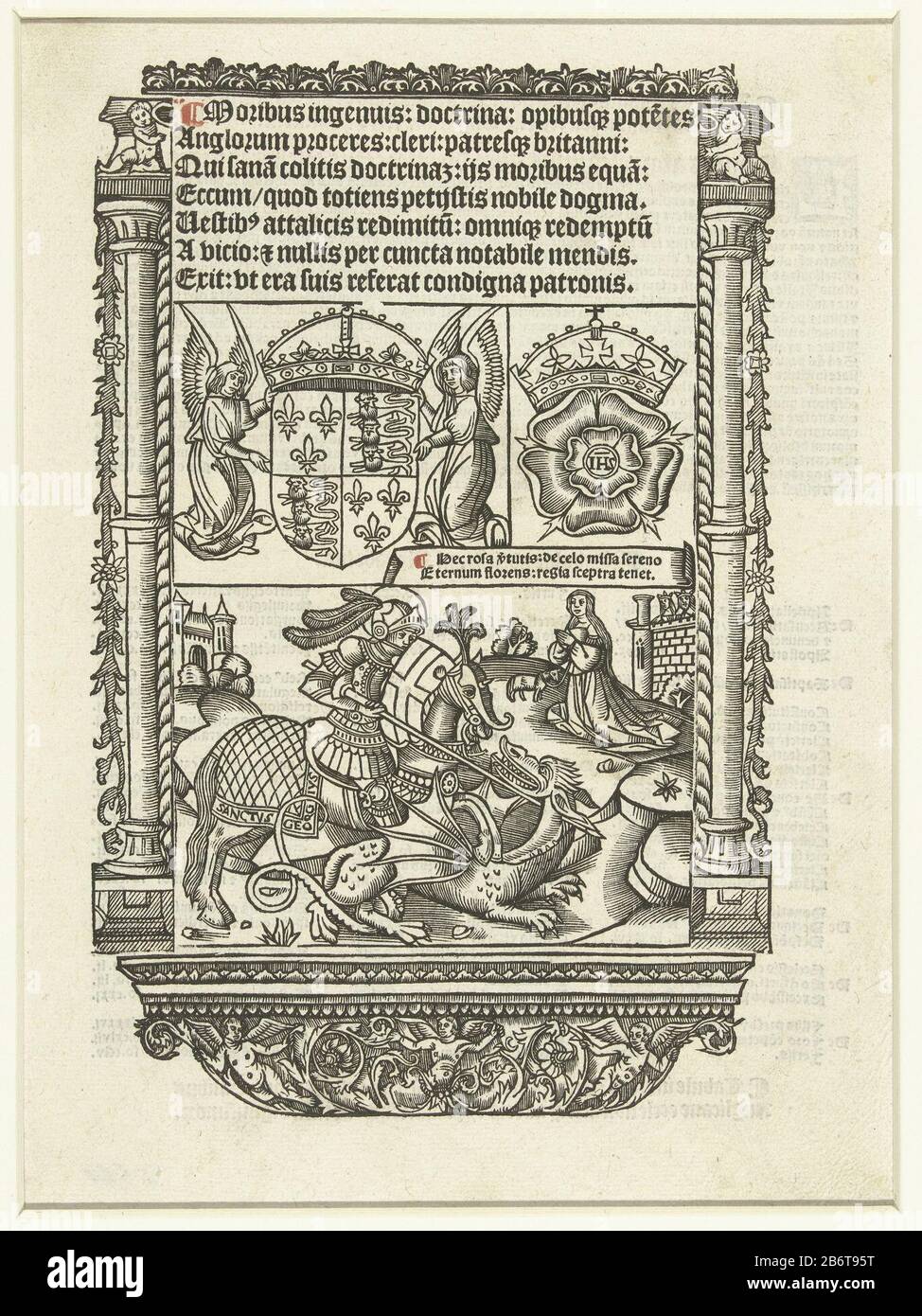 Heilige Joris en de draak Journal printed from several blocks. Within an  ornamental border Saint George slaying the dragon, two angels with the arms  of England, a crowned rose with the initials