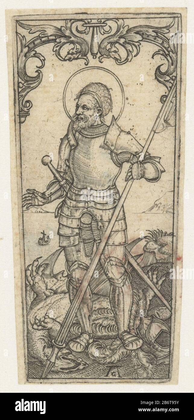 Heilige Joris en de draak Heft a knife with George in armor and reports dragon on his voeten. Manufacturer : printmaker: Monogrammist AC (16th century) (listed building) printmaker: Allaert Claesz. (Possible) to print by: Albrecht Dürer Place manufacture: The Netherlands Date: 1520 - 1562 Physical characteristics: engra material: paper Technique: engra (printing process) Measurements: plate edge: h 75 mm × b 34 mm (upper side trapezoid) × W 29 mm (bottom side trapezoid)  Subject: non-miraculous activities and events  St. George Stock Photo