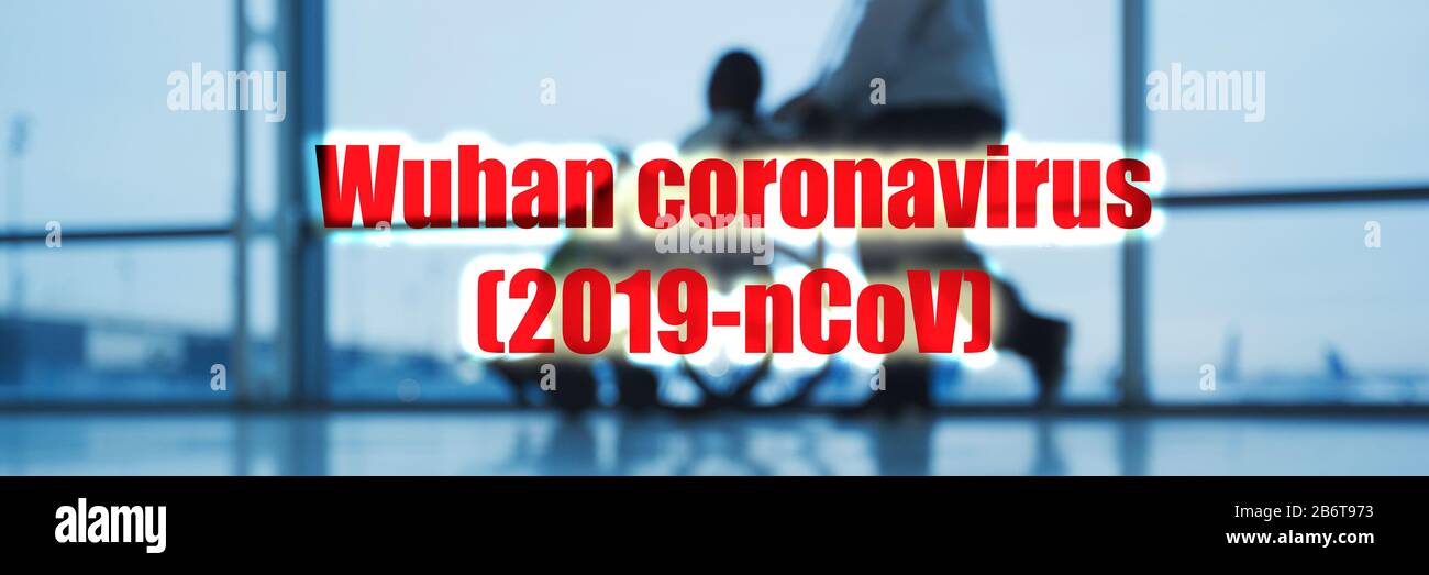 Wuhan coronavirus 2019 nCov banner background travel airport people or hospital health emergency person on wheelchair being transported in a hurry. Stock Photo