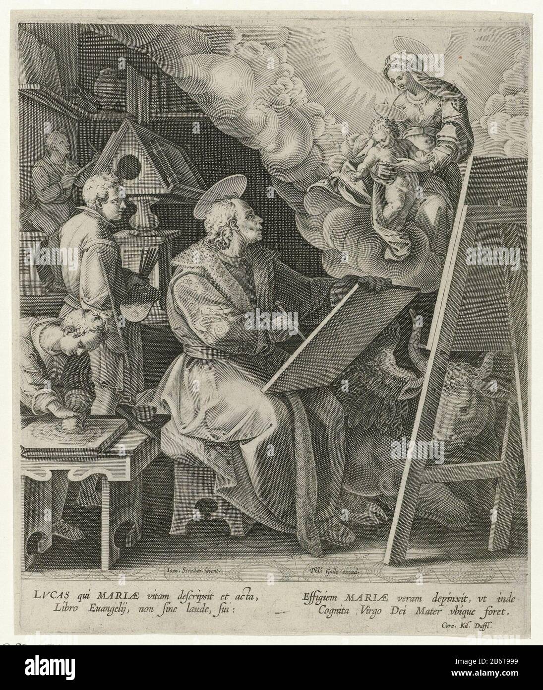 Heilige Lucas schildert Maria met kind The evangelist Lucas in his workshop, along with work boys who perform a variety of painting activities. St Luke's behind an easel and looks at the apparition of Mary and child. Beside him on the ground the ox as his attribute. The print has a Latin attribuut. Manufacturer : printmaker: Philip Galle (attributed to workshop) to design: Stradanus (listed building) publisher: Philip Galle (listed building) author: Cornelis Kilian (listed building) place manufacture: print maker: Antwerpen to design: Florence Publisher: Antwerpen Writer: Antwerpen Dating: ca. Stock Photo