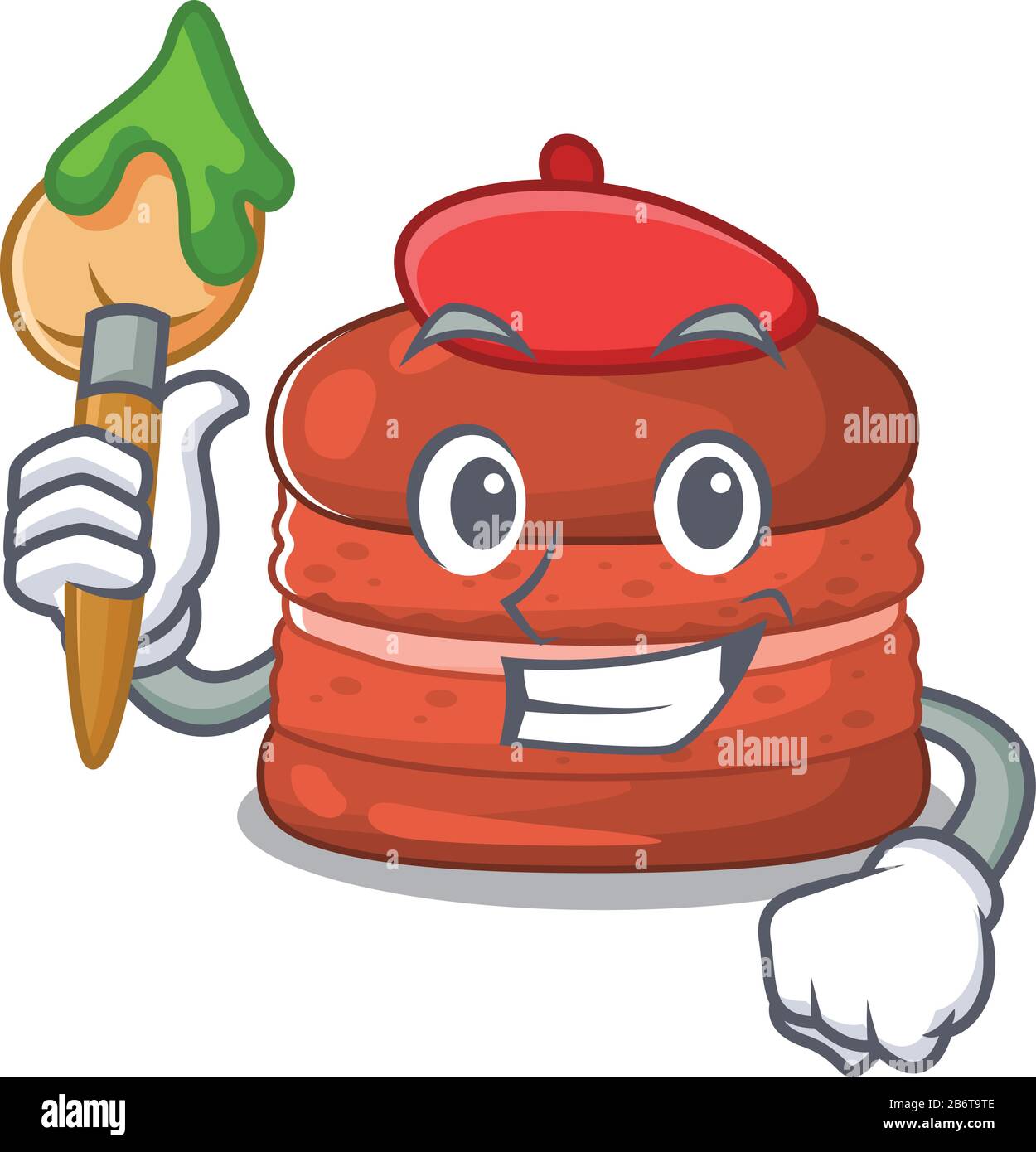 Talented cherry macaron Artist cartoon character with brush Stock Vector