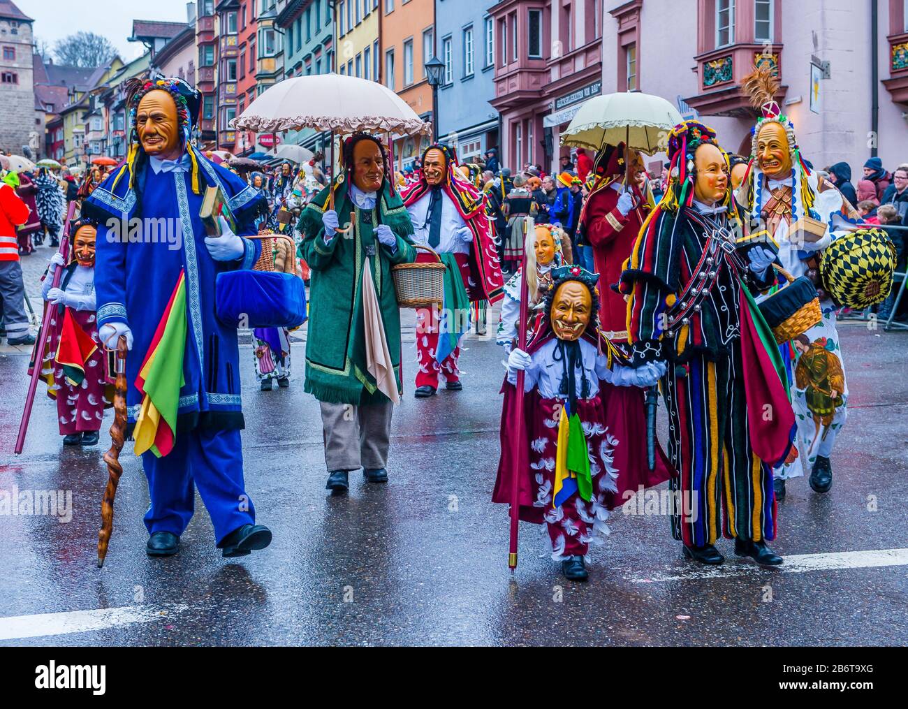 ROTTWEIL , GERMANY - FEB 24 : Participants in the Rottweil Carnival in Rottweil , Germany on February 24 2020.  The carnival known as Fasnacht is a cu Stock Photo