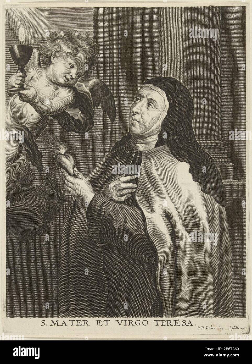 Heilige Theresia St Teresa In The Habit Of The Carmelite An Angel Brings Her A Chalice With Host Theresa Holds A Burning Heart In Her Hand Manufacturer To Print By Cornelis