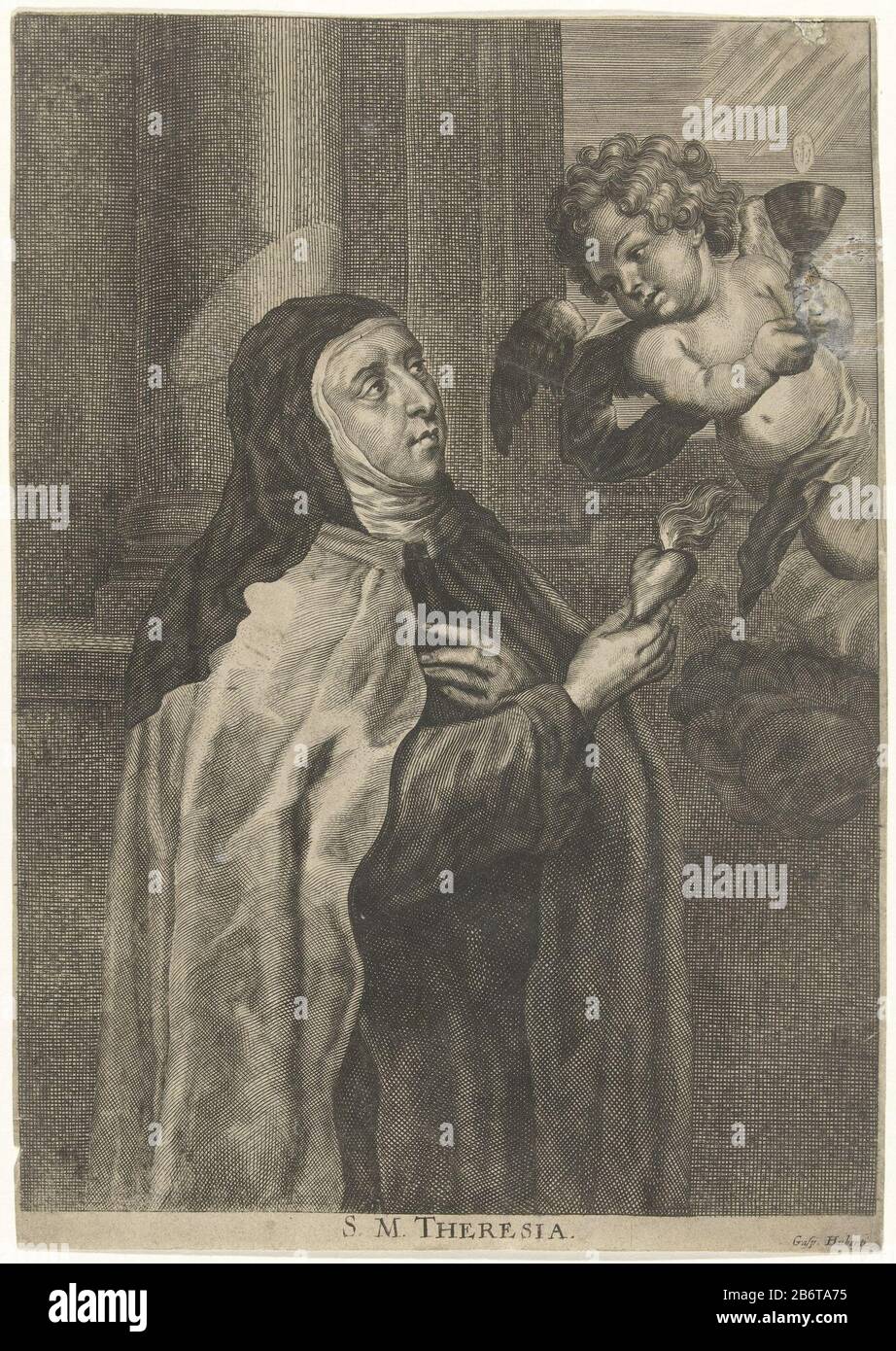 Heilige Theresia St Teresa In The Habit Of The Carmelite An Angel Brings Her A Chalice With Host Theresa Holds A Burning Heart In Her Hand Manufacturer To Print By Cornelis