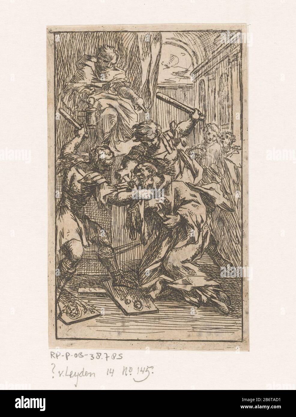 Heilige Wordt Met Stokken Geslagen Een Heilige Met Een Crucifix In Zijn Armen Wordt Door Twee