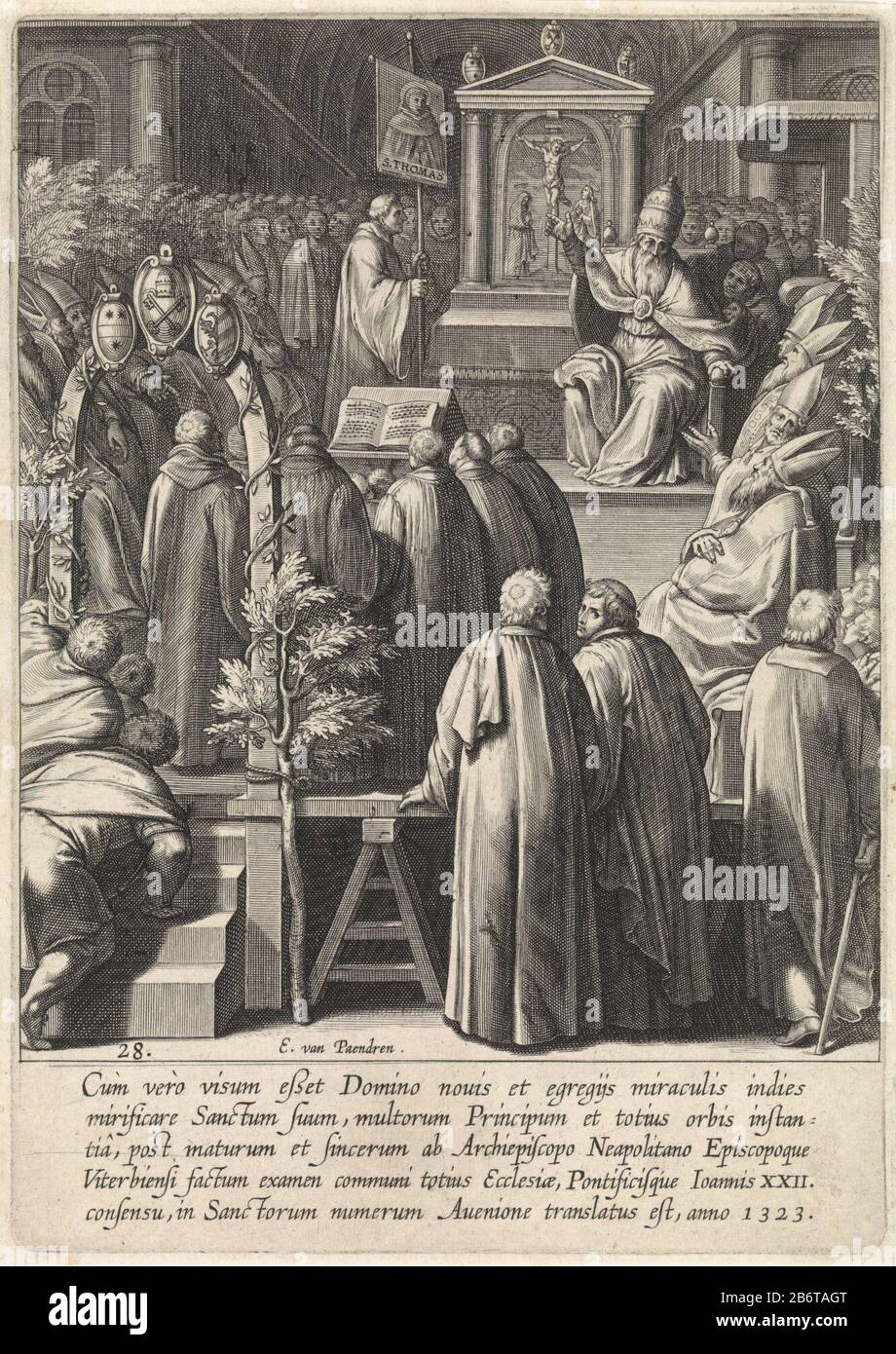 Heiligverklaring van Thomas van Aquino Het leven van de heilige Thomas van Aquino (serietitel) Church Interior with Pope John XXII pointing to a picture of Thomas Aquinas. He is surrounded by monks and bishops. In the margin of a vijfregelig signature in Latin. Achtentwingtigste print from a series of thirty prints that the life of Thomas Aquinas verbeelden. Manufacturer : printmaker: Egbert of property Eren (listed property) designed by Otto van Veen Publisher: Otto van Veen Place manufacture: Antwerp Date: 1610 Physical features: car material: paper Technique: engra (printing process) Measur Stock Photo