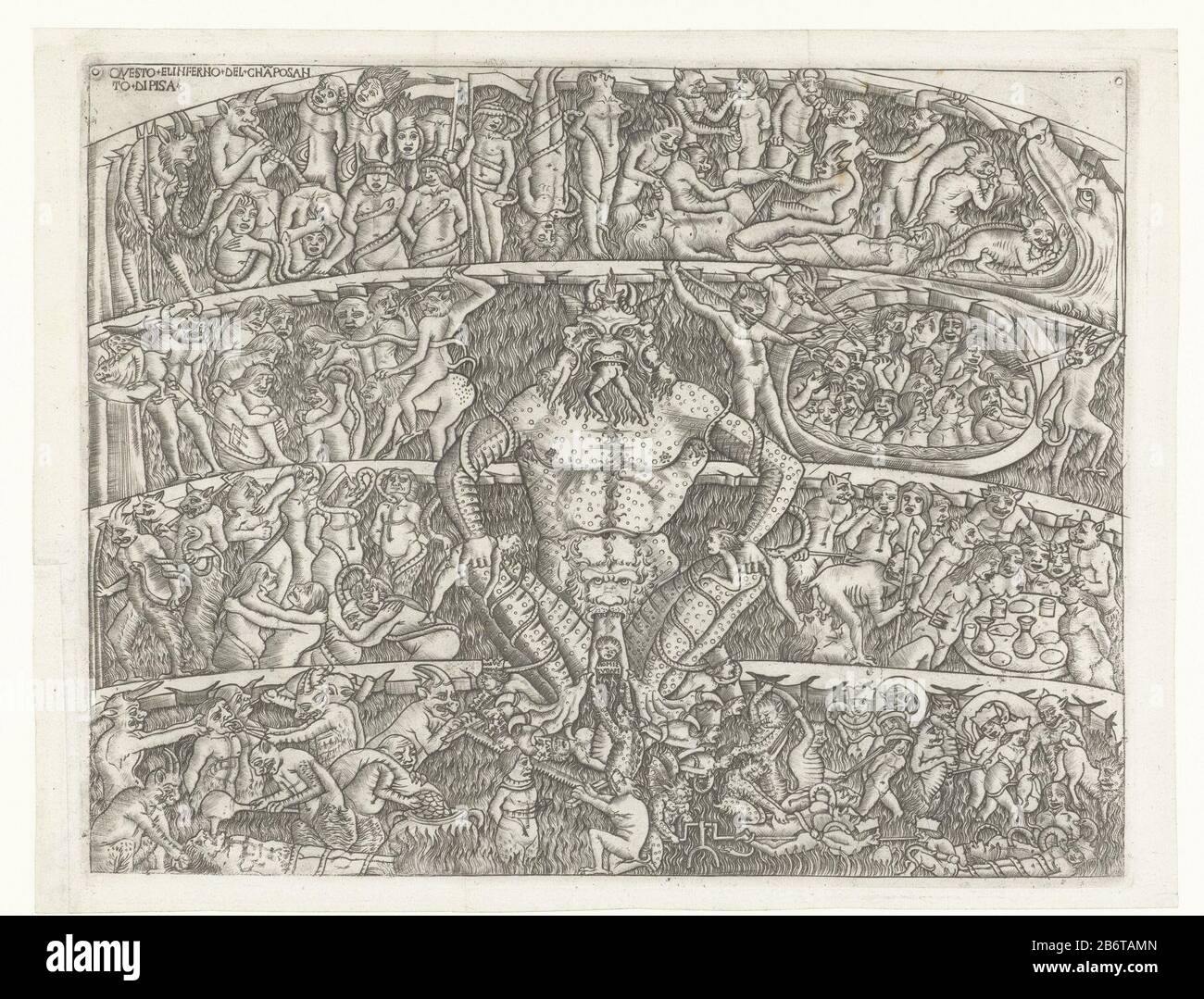 Hel met Satan en bestraffing van zondaars door demonen Questo el inferno del chapo santo di Pisa (titel op object) hell proposed as described in Dante's Inferno. Satan enthroned in the middle of each of his three mouths a sinner. In various layers wicked are those represented, for example, is made to sin greed and lust. They are punished by demons. Top right is a gaping maw of the monster Leviathan zichtbaar. Manufacturer : printmaker: anonymous to design: called Orcagna Andrea di Cione (attributed to) Place manufacture: Italy Date: 1460 - 1480 Physical features: car material: paper Technique: Stock Photo