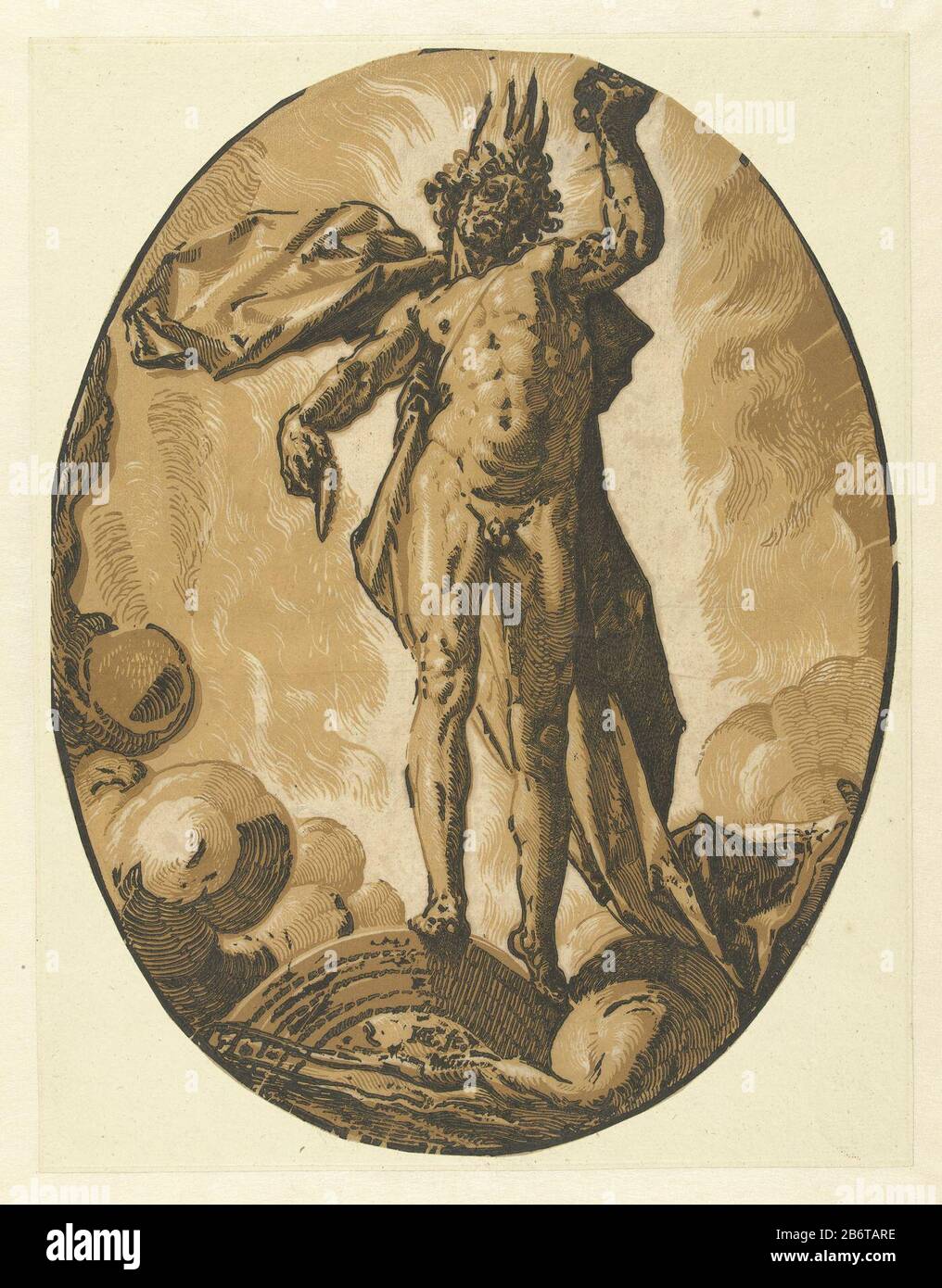 Helios (Dies) Goden en godinnen (serietitel) the god Helios or Dies (Day), between clouds standing on a rainbow, surrounded by flames. This print is part of a series of seven oval prints of classical gods and godinnen. Manufacturer : printmaker: Hendrick Goltzius (listed building) in its design: Hendrick Goltzius Publisher: Hendrick Goltzius Place manufacture: Haarlem Dating: 1588 - 1590 Physical features: chiaroscuro woodcut; line block with tone block in ocher and tone block in brown material: paper Technique: light and dark-woodblock dimensions: image: h 348 mm × W 267 mm Subject: Apollo sh Stock Photo