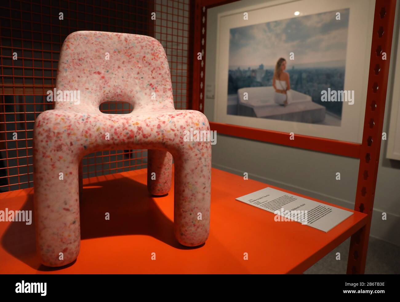 Bonn, Germany. 11th Mar, 2020. The 'Charlie' children's chair, which is made from recycled toys, stands on a shelf. The exhibition 'Wir Kapitalisten - Von Anfang bis Turbo' can be seen from 13 March to 12 July 2020 in the Bundeskunsthalle. Credit: Oliver Berg/dpa - ATTENTION: For editorial use only in connection with reporting on the exhibition/dpa/Alamy Live News Stock Photo