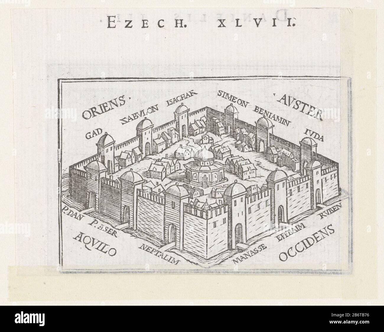 The heavenly city with the new temple as Ezekiel sees it in vision . The directions are indicated and when the gates are the names of the tribes of Israel. In the margin above the image is the text Ezek. XLVII. Manufacturer : print maker: Hans Holbein (II) are block cutter: Veit Rudolf Speck Linda Tering: 1538 Physical characteristics: wood block material: paper Technique: wood block dimensions: image: h 60 mm × b 85 mmblad: h 79 mm × W 102 mmToelichtingHoutblok for the first time used in: Biblia Utriusque Testamenti iuxta Vulgatam Translationem, Lyon, M. and G. Trechsel (Hugo à Porta) in 1538 Stock Photo