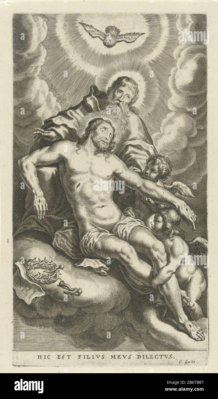 Hemelvaart van Christus Hic est filius meus dilectus (titel op object) God the Father and two angels carrying Christ on a cloud in the sky. Above them hovers the Holy Spirit in the form of a dove in an aureole. Besides Christ on the cloud are his crown of thorns and the kruisspijkers. Manufacturer : printmaker Cornelis Galle (II) (listed building) printmaker Cornelis Galle (III) (listed building) Place manufacture: Antwerp Date: 1638 - 1678 Physical features: car material: paper Technique: engra (printing process) Dimensions: plate edge: h 244 mm × W 135 mm Subject: Christ taken up by a cloud Stock Photo