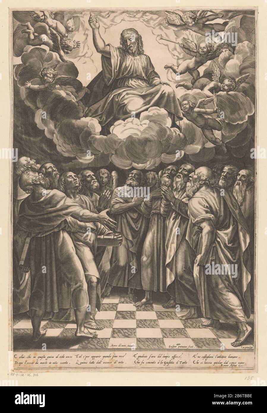 Hemelvaart van Christus The Ascension of Christ. Christ is carried by putti  on clouds in the sky. Below him, in a room are the two apostles and angels.  Italian verse in ondermarge.