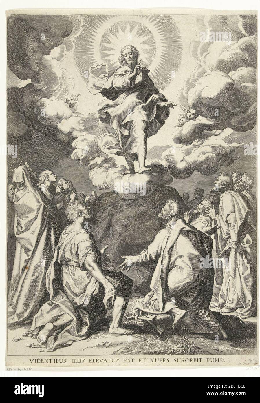 Hemelvaart van Christus The Appearance of Christ to the apostles after his resurrection, when he is in a cloud in the sky gevoerd.Onder, the apostles are also Maria. Manufacturer : printmaker Cornelis Bloemaert (II) for painting: Ciro Ferri Place manufacture: Rome Date: 1656 - 1692 Physical features: engra material: paper Technique: engra (printing process) Measurements: sheet: h 490 mm × W 350 mm Subject: Christ ascends into heaven; apostles (and Mary) beneath Stock Photo