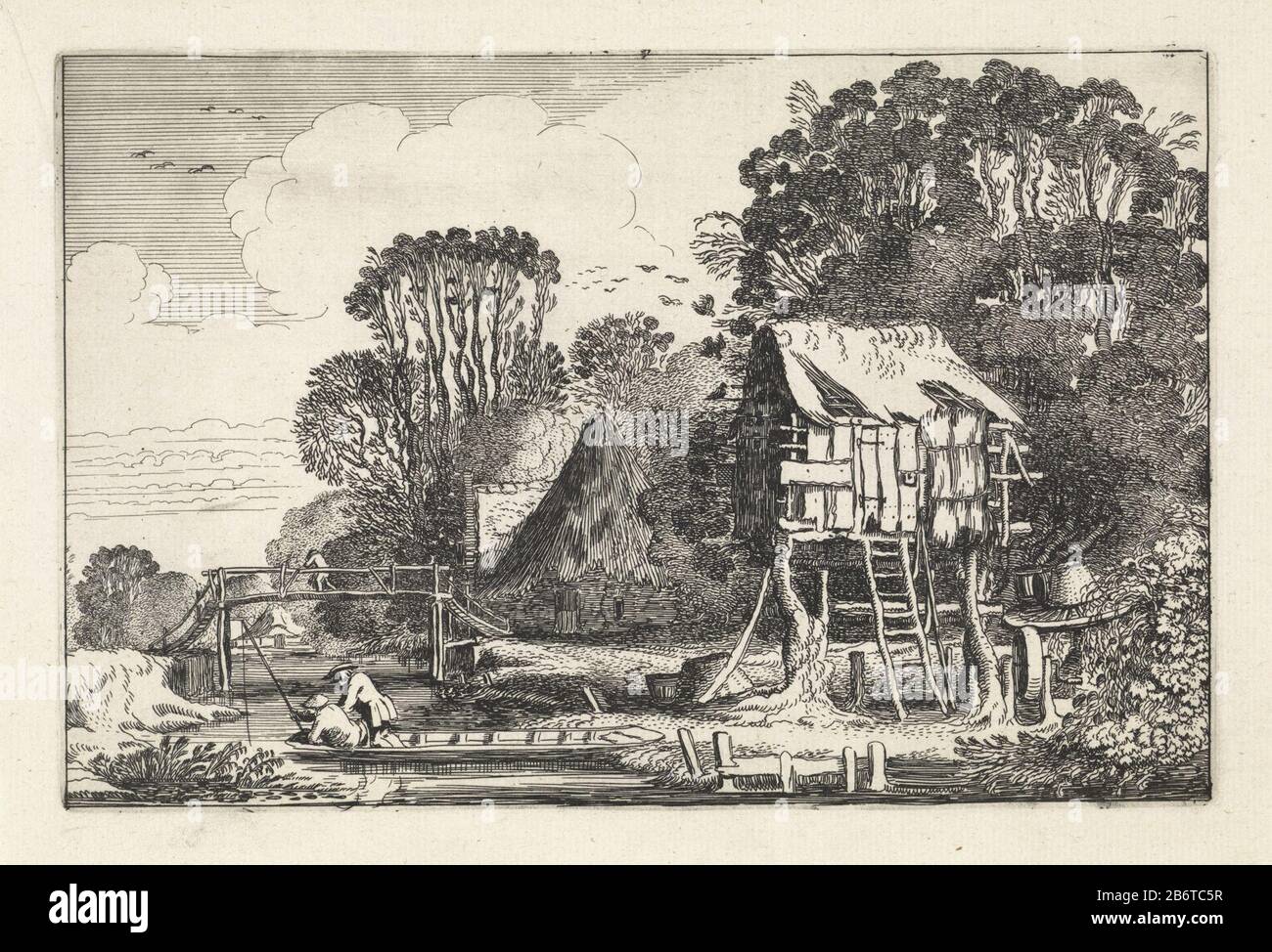 Hengelaars in een boot bij een duiventil Landschappen (serietitel) Amenissimae aliquot requculae (serietitel) Anglers in a boat with a dovecote landscapes (series title) Amenissimae aliquot requculae (series title) Property Type: print Serial number: 3 / 60Objectnummer: RP-P-1880-A-4402Catalogusreferentie: Hollstein Dutch 246-1 (2) Franken & van der Kellen 285-3 (4) Description: Two anglers in a boat at a pigeon in a landscape. Across the ditch a wooden bridge. Against the dovecote a ladder. Third picture of part two of a series of a total of sixty prints of landscapes, divided into five parts Stock Photo