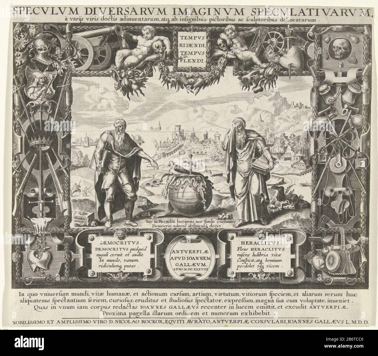 Heraclitus En Democritus Of nsporing Tot Geduld En Verdraagzaamheid Titelprent Van Speculum Diversarum Imaginum Speculativarum 1638 Left Is Democritus The Laughing Philosopher He Points To A Globe In His Hand A Book