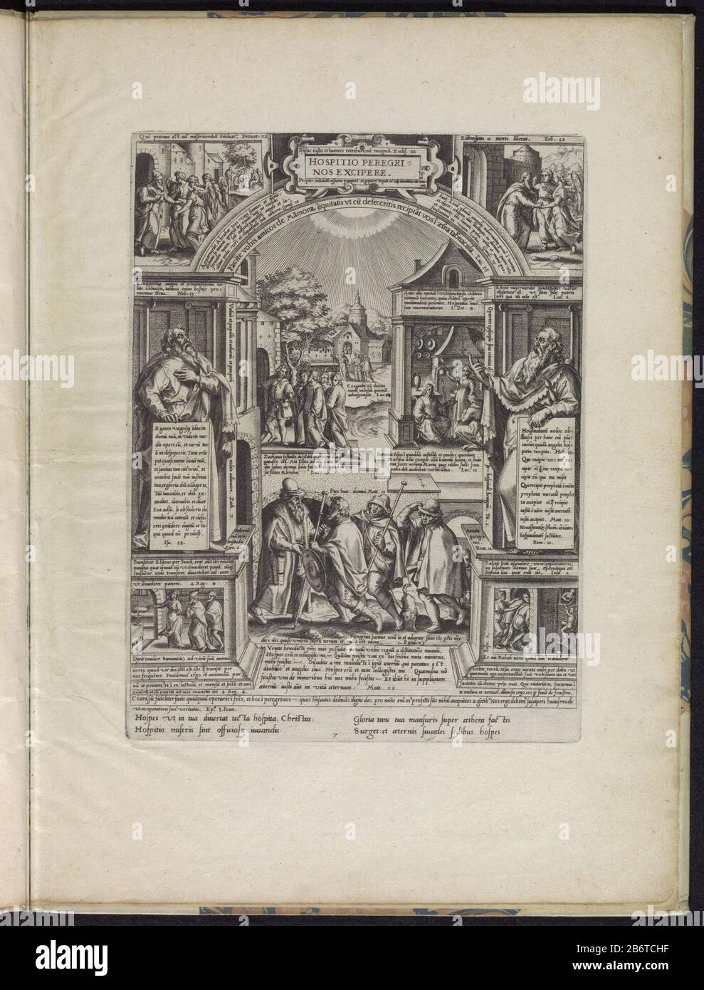 Herbergen van vreemdelingen Hospitio Peregrinos Excipere (titel op object) Septem Opera Misericordiae Corporalia (serietitel) Inns of vreemdelingenHospitio Peregrinos Excipere (title object) Septem Opera Misericordiae Corporalia (series title) Property Type: picture album leaf Serial Number: 7 / 8Objectnummer: RP-P-2004-590BCatalogusreferentie: New Hollstein Dutch 263-1 (2 ) Description: the harboring of aliens as one of the seven works of mercy. In the middle man receives pilgrims. In the background Zacchaeus Christ invites to his house and Christ with Martha and Mary. Around depictions of Bi Stock Photo