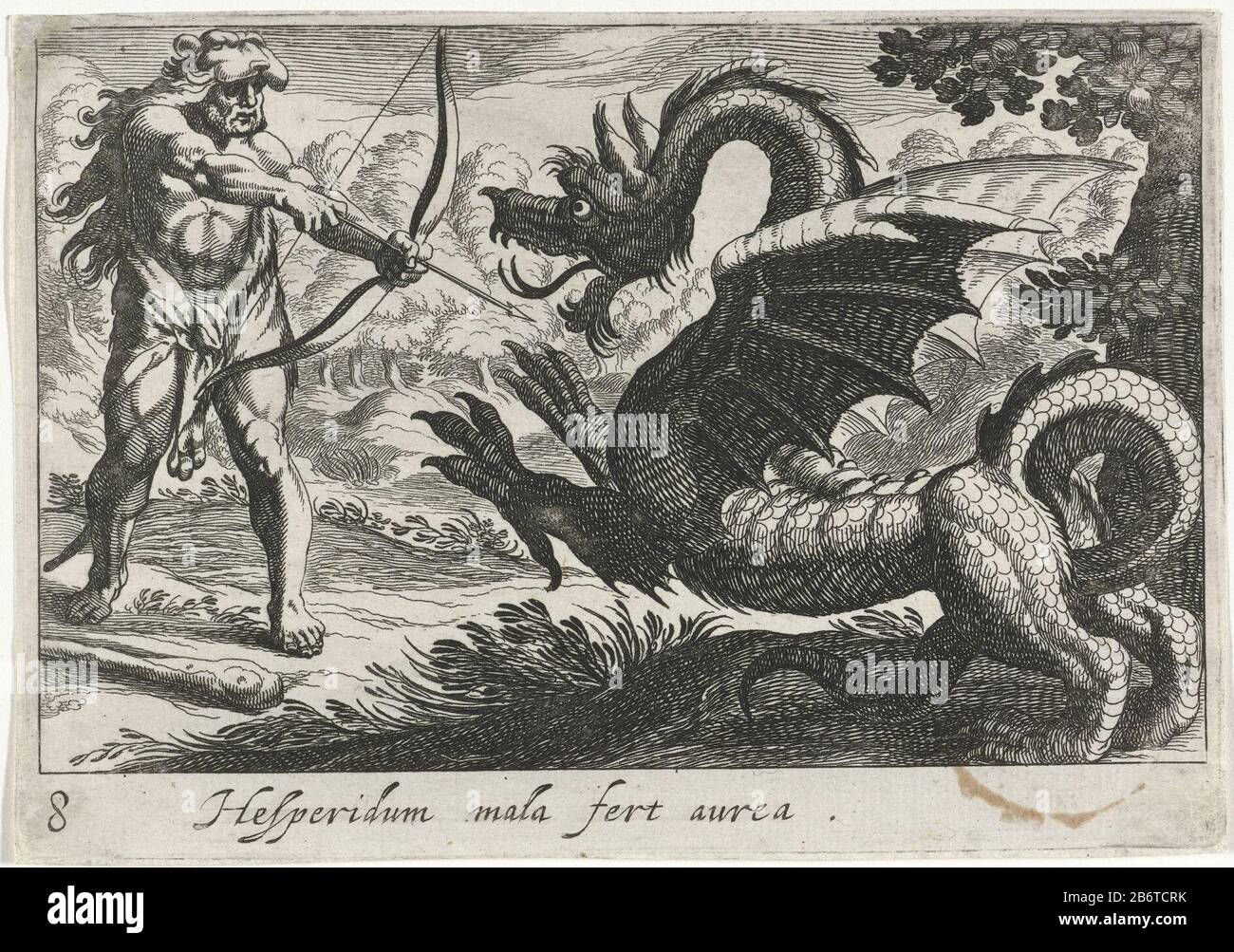 Hercules doodt de draak Ladon Hesperidum mala fert aurea (titel op object) Herculische thema's (serietitel) Hercules stands with a drawn bow for the dragon Ladon, the guardian of the tree Hesperiden. Manufacturer : printmaker Simon Frisiusnaar design: Antonio Tempesta Place manufacture : printmaker: Northern Netherlands to design: Italy Date: 1610 - 1664 Physical features: etching material: paper Technique: etching dimensions: plate edge: h 97 mm × W 143 mm Subject: Hercules kills Ladon, the dragon How many followers kept the tree of the Hesperides Ride Stock Photo