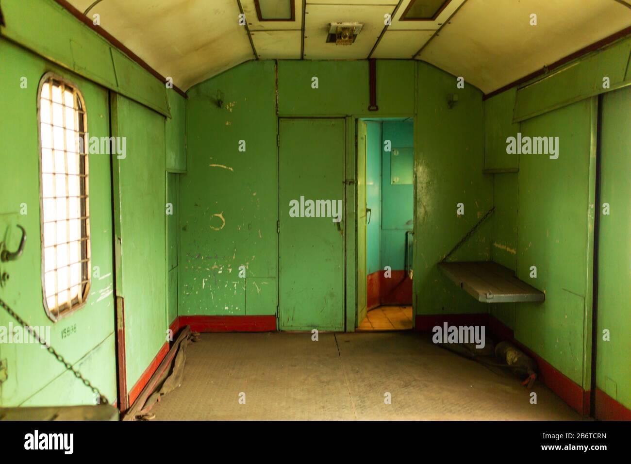 Interior of an old train carriage for transporting prisoners. Stock Photo