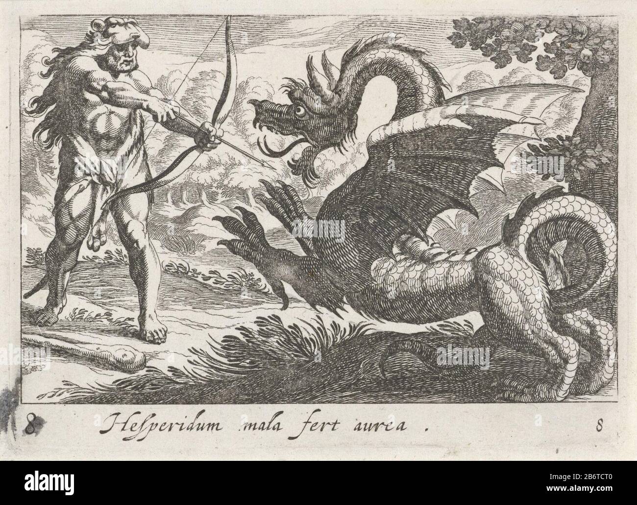 Hercules doodt de draak Ladon Hesperidum mala fert aurea (titel op object) Herculische thema's (serietitel) Hercules stands with a drawn bow for the dragon Ladon, the guardian of the tree Hesperiden. Manufacturer : printmaker Simon Frisiusnaar design: Antonio Tempesta Place Manufacture: printmaker: Northern Netherlands to design: Italy Date: 1610 - 1664 Physical features: etching material: paper Technique: etching dimensions: plate edge: h 98 mm × W 142 mm Subject: Hercules kills Ladon, the dragon How many followers kept the tree of the Hesperides Ride Stock Photo