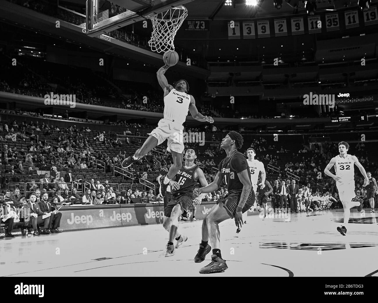 New York, New York, USA. 11th Mar, 2020. Xavier Musketeers guard Quentin Goodin (3) gets up for a dunk attempt in the first half during first round Big East Tournament play at Madison Square Garden in New York City. Duncan Williams/CSM/Alamy Live News Stock Photo