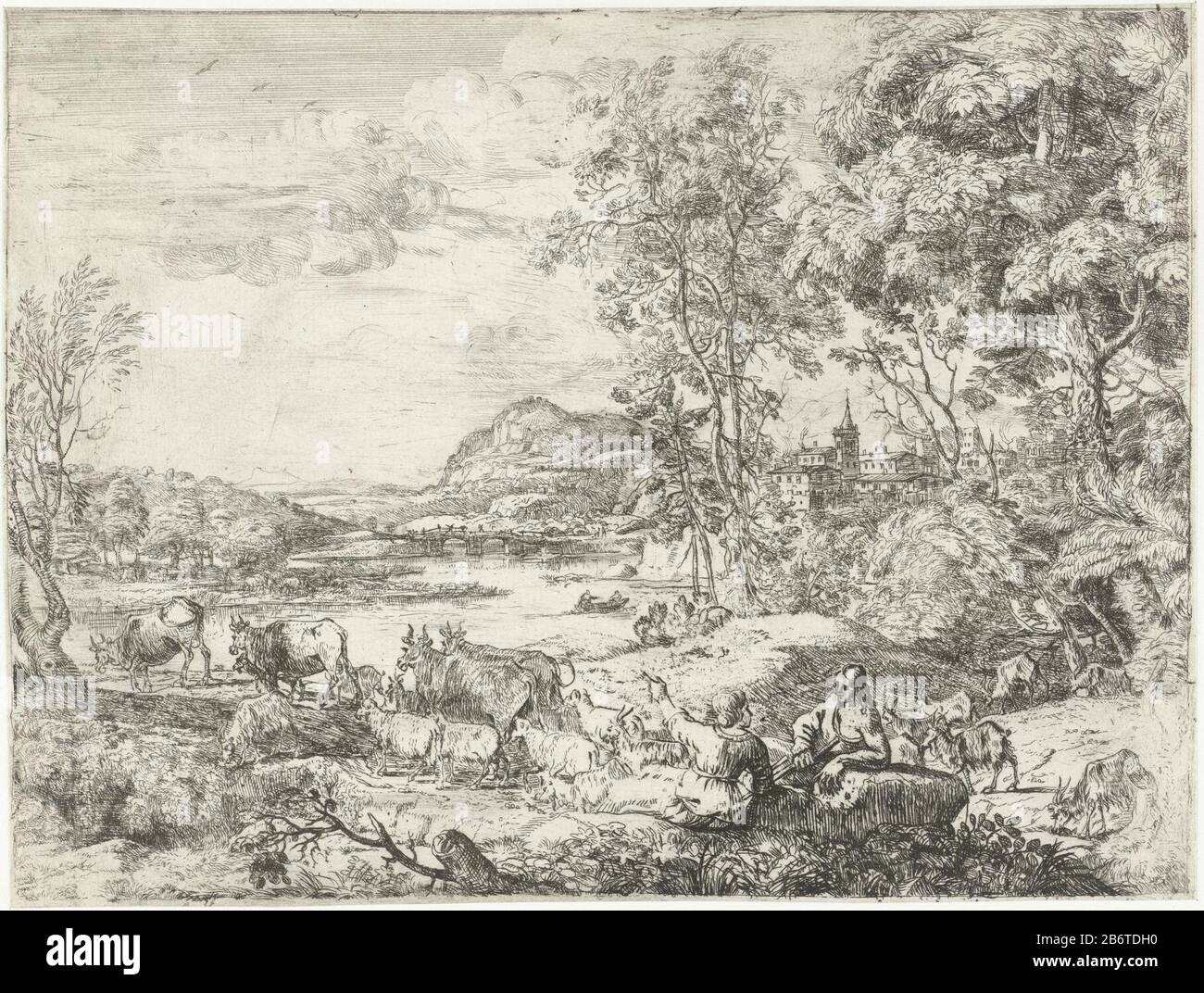 a shepherd and a shepherdess sitting in a landscape with a herd of cows