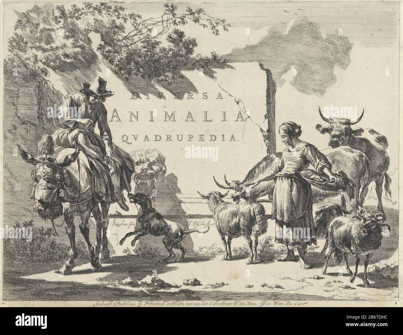 Herder en herderin bij een fontein Landschappen met viervoeters (serietitel) Diversa Animalia Quadrupedia (serietitel op object) For a fountain are a shepherd on a donkey and a shepherd with their sheep and cattle. A dog bites in the whip of the herder. Manufacturer : printmaker Jan de Visscher (listed property) designed by: Nicolaes Pietersz. Berchem (listed on object) Publisher: Frederik de Wit (listed property) Place manufacture: printmaker: Northern Netherlands Publisher: Amsterdam Date: 1657 - 1706 Physical features: etching and engra material: paper Technique: etching / engra (printing p Stock Photo