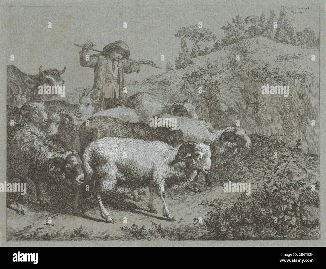 Herder met rammen, geiten en koe Herdertaferelen (serietitel) a shepherd with a flock of rams, goats and a cow in a heuvellandschap. Manufacturer : printmaker Francesco Londonio (listed property) assigned to unknown place manufacture: printmaker: Naples dedicated to: Exeter Dating 1763 - 1764 Physical features: etching on blue paper, white gehoogd Material: paper Technique: etching dimensions: sheet: h 222 mm × W 293 mmToelichtingPrent from a range of 12 prenten. Subject: cowherding, herdsman, herdswoman, shepherd, shepherdess, cowherd, etc. Stock Photo