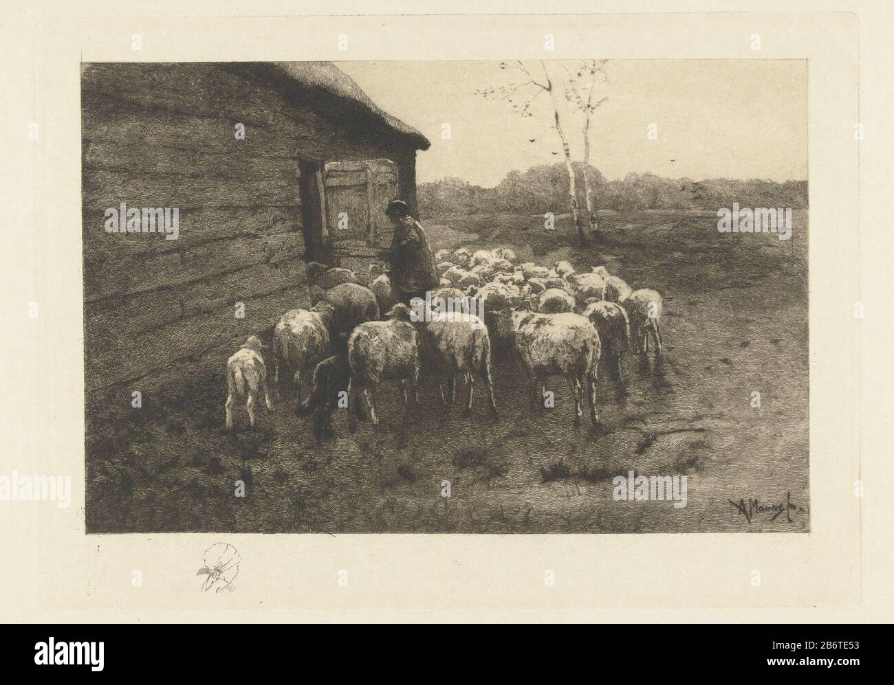 Herder met kudde schapen voor de stal Shepherd with flock of sheep to the  barn. In the margin of the head of a girl with hoofddoek. Manufacturer :  print maker: Petrus Johannes