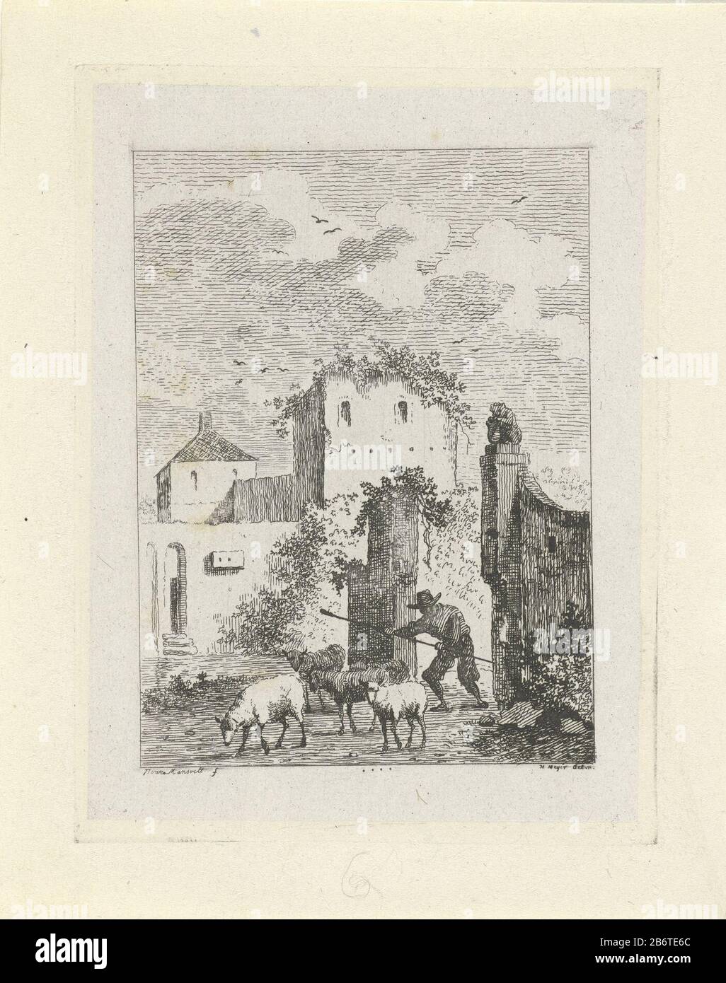 Herder met schapen bij een dorp A shepherd with sheep in the background huizen. Manufacturer : printmaker Jan Isaac Mansvelt (listed property) to drawing: Hendrik Meijer (listed property) Place manufacture: Netherlands Date: 1771 - 1802 Physical features: etching material: paper Technique: etching dimensions: plate edge: h 111 mm × b 83 mm Subject: cattle dri, cattle driverherding, herdsman, herdswoman, shepherd, shepherdess, cowherd, etc. Stock Photo