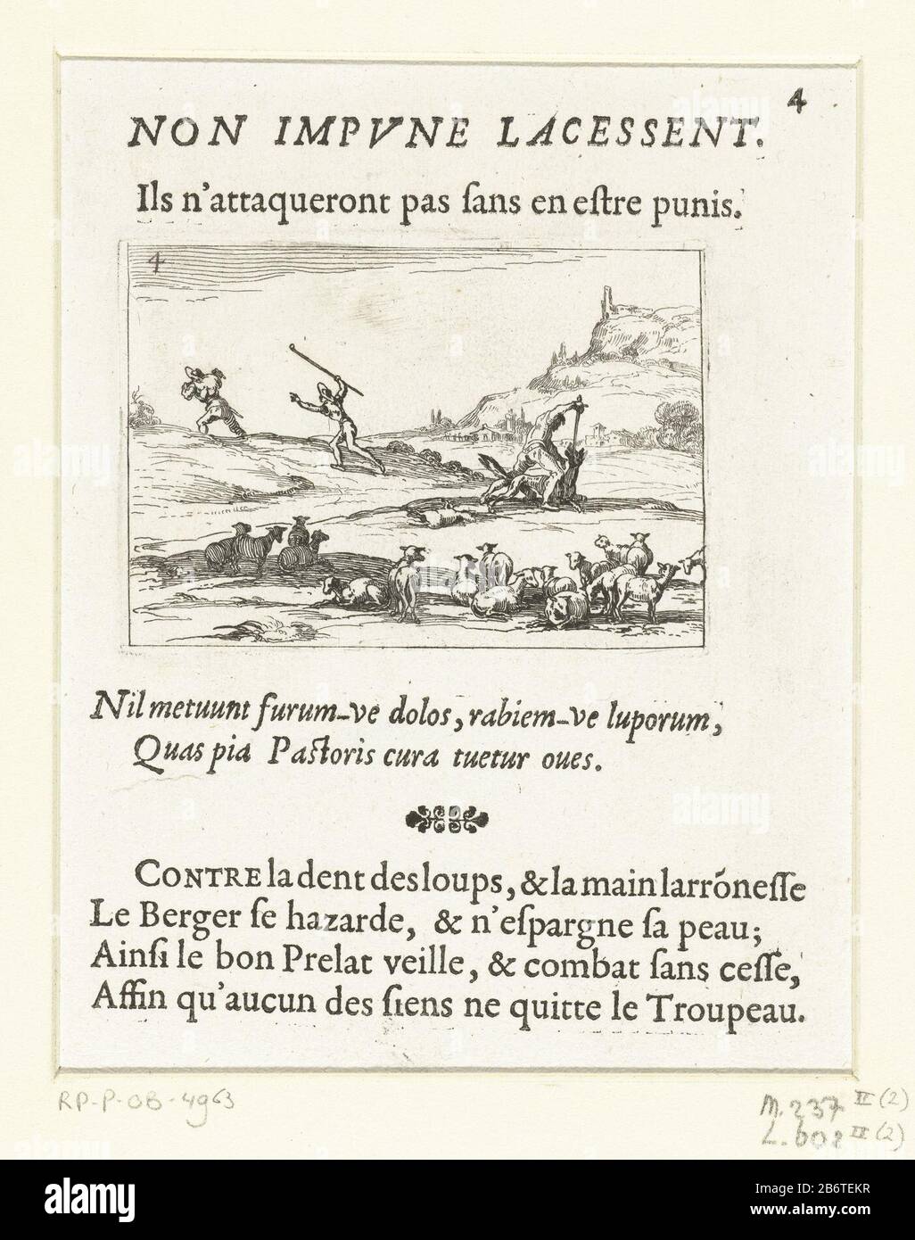 Herders verdedigen hun kudde Non impune lacessentIls n'attaqueront pas sans en estre punis (titel op object) Kloosterleven in emblemen (serietitel) Presentation of two shepherds who defend their flock tooth and nail: one kills a wolf, the other chasing a thief. Above and below this post Latin and French texts in letterpress. This chapter is part of the series logo 'Abbey Life emblems. The second state of this series includes alongside an illustrated title page and 26 emblems have a title page and a sheet assignment, both in printing without afbeelding. Manufacturer : printmaker Jacques Callotn Stock Photo