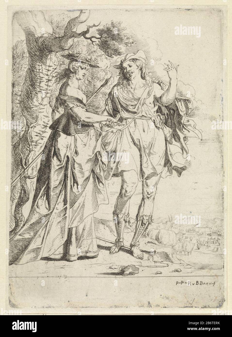 Herderspaar staande voor een boom A shepherd and shepherdess stand hand in hand with a tree. In the background cattle in landschap. Manufacturer : printmaker Jan Thomas to design: Peter Paul Rubens (listed property) Place manufacture: Antwerp Date: 1627 - 1678 Physical features: etching material: paper Technique: etching Dimensions: plate edge: H 201 mm × W 145 mm Subject: pastorals, Arcadian taferelenherding, herdsman, herdswoman, shepherd, shepherdess, cowherd, etc.couple or lover Stock Photo