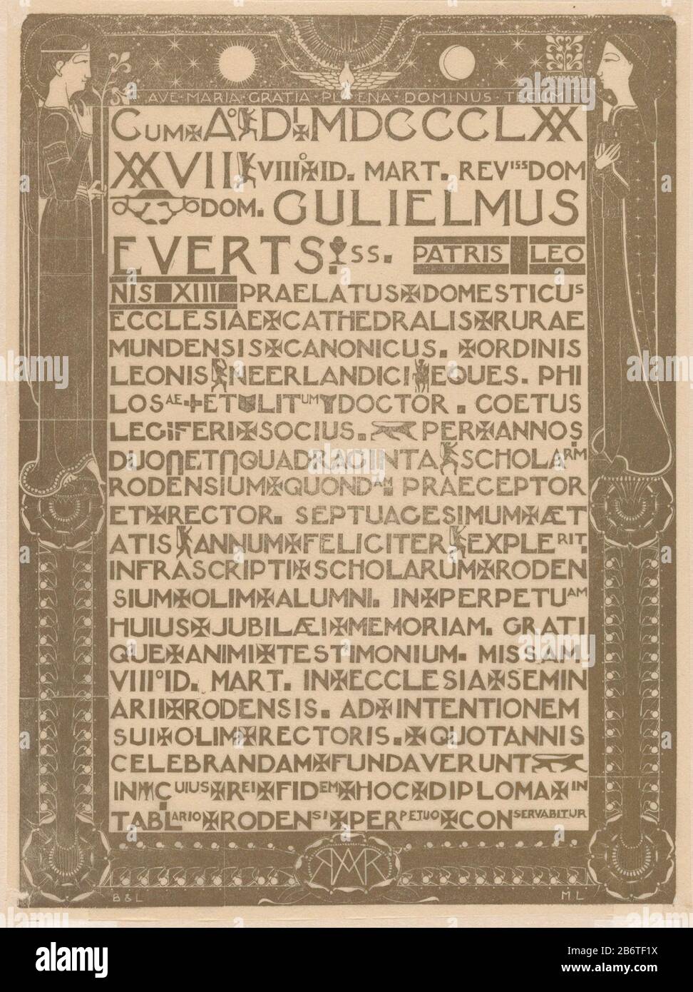 Herinneringsblad aan Willem Everts Souvenir Sheet text in Latin. The ornament border left a woman with a lily and left a woman with a boek. Manufacturer : printmaker Mathieu Lauweriks (listed building) Dated: 1897 Physical features: woodcut in gold on Japanese paper Material: Japanese paper Technique: woodcut Dimensions: sheet: H 250 mm × W 187 mm Subject: commemoration, jubilee hand, 'Dextera Dei ~ symbol of God the Father Holy Ghost represented as a dove (in flames) Who: William Evert Stock Photo