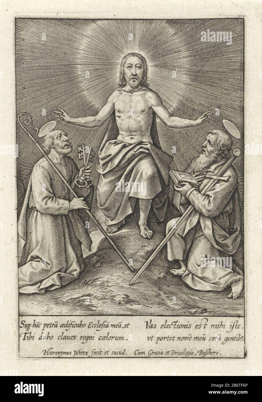 Herrezen Christus met Petrus en Paulus Peter and Paul kneel in adoration of the risen Christ. He blesses them, sitting on a hill. In the margin a four-line signature, in two columns, in Latijn. Manufacturer : printmaker: Jerome Who: rix (listed building) Publisher: Hieronymus Wierix (listed property) provider of privilege: Joachim de Buschere (listed property) Place Manufacture: Antwerp Date: 1563 - for 1619 Physical features: car material: paper Technique: engra (printing process) Dimensions: plate edge: h 96 mm × W 65 mm Subject: appearances of Christ after the Resurrectionthe apostle Paul o Stock Photo