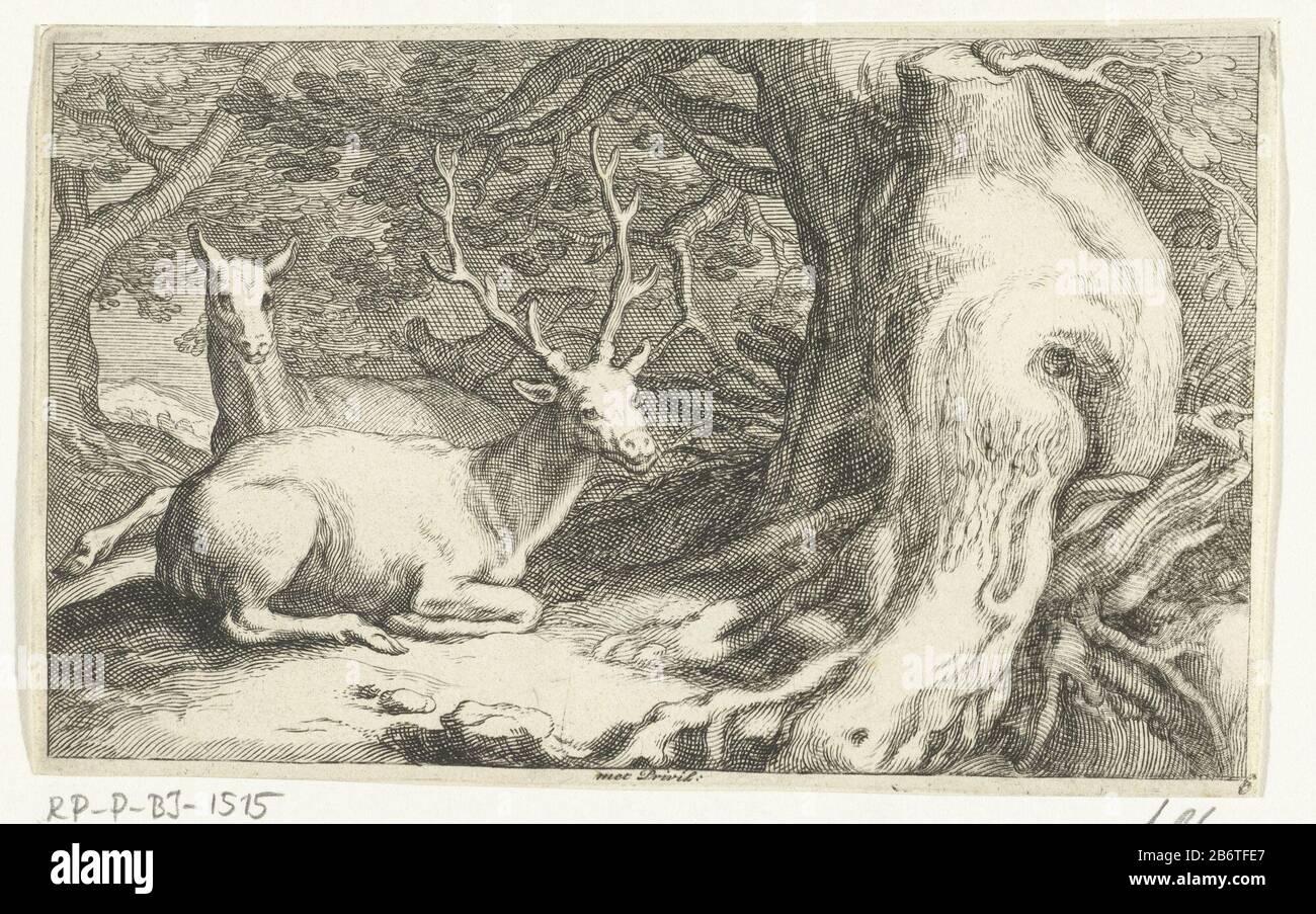 Herten Dieren (serietitel) two deer lying at the foot of a huge tree. Print  out a series of 14 prints with different native dieren. Manufacturer :  printmaker: Frederick Bloemaert to drawing of