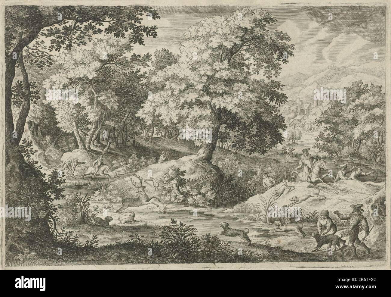 Hertenjacht in een moeras In a wooded swamp chasing some men on a deer is startled into a pool by jachthonden. Manufacturer : printmaker Jan van Londerseel (listed property) to print by Jacob Savery (I) (listed building) Dated: 1602 - 1625 Physical features: car material : paper Technique: engra (printing process) Dimensions: plate edge: h 205 mm × W 300 mmToelichtingPendant of 'Deer Hunting at kapel. Subject: stag-hunting swamp, inland marsh, fens Stock Photo