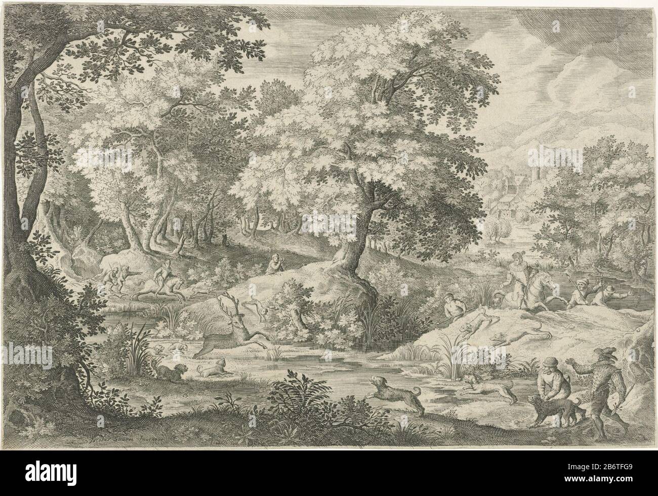 Hertenjacht in een moeras In a wooded swamp chasing some men on a deer is startled into a pool by jachthonden. Manufacturer : printmaker Jan van Londerseel (listed property) to print by Jacob Savery (I) (listed building) Dated: 1602 - 1625 Physical features: car material : paper Technique: engra (printing process) Dimensions: sheet: h 204 mm × W 298 mmToelichtingPendant of 'Deer Hunting at kapel. Subject: stag-hunting swamp, inland marsh, fens Stock Photo