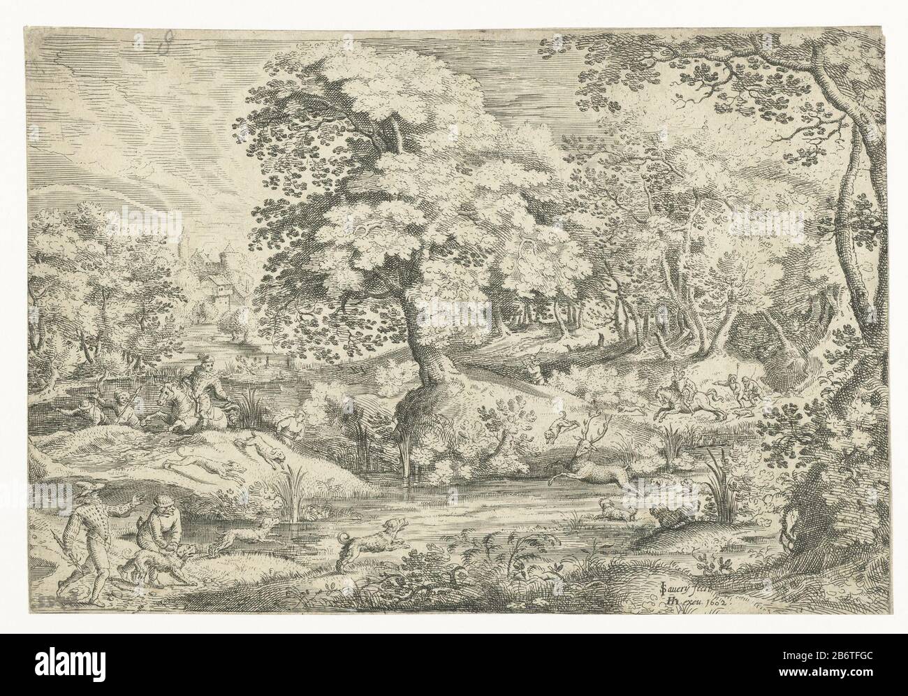 In a wooded swamp chasing some men with their dogs at a deer. Counterpart of 'Deer Hunting at kapel'. Manufacturer : printmaker Jacob Savery (I) (listed building) Publisher: Hendrick Hondius (I) (listed building) Place manufacture: printmaker: Netherlands Publisher: The Hague Date: 1602 Physical Features: Etching and engra material: paper Technique: etching / engra (printing process) Measurements: sheet: h 201 mm × W 296 mm Subject: stag-hunting sports, games  animals (+ hunting with dogs) hoofed animals: deer Stock Photo