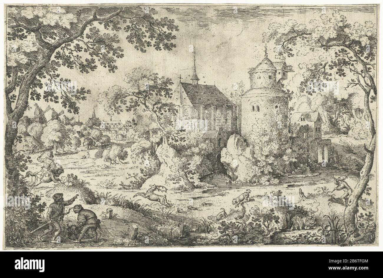 in a wooded swamp near a village and a chapel chasing some men with their dogs at a deer. Counterpart of 'Deer Hunting in moeras'. Manufacturer : printmaker Jacob Savery (I) Place manufacture: Netherlands Date: 1602 Physical features: etching material: paper Technique: etching Dimensions: sheet: H 184 mm × W 284 mm Subject: stag-hunting sports, games  animals (+ hunting with dogs) hoofed animals: deer Stock Photo