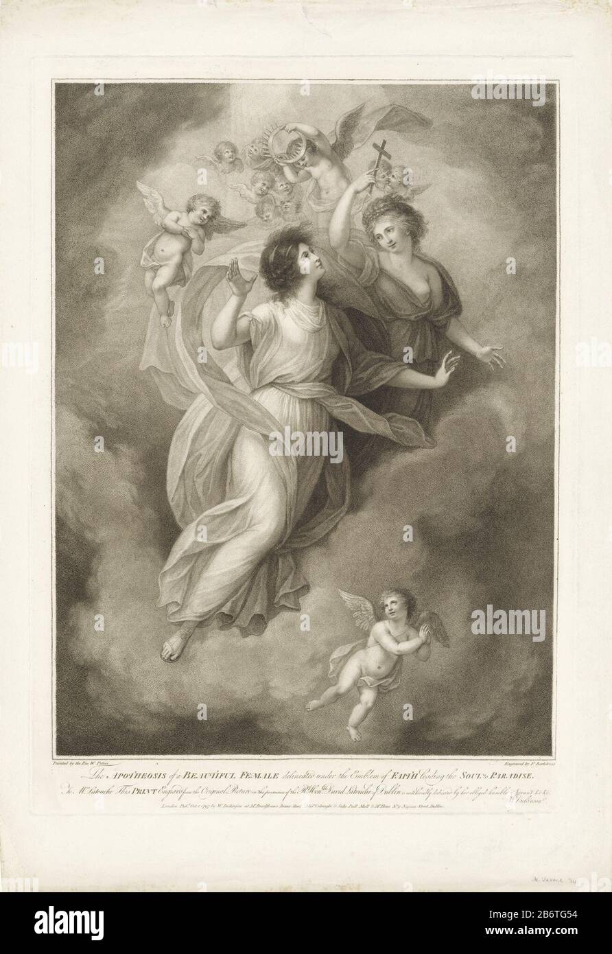 Het Geloof een vrouw naar het Paradijs brengende The Apotheosis of a Beautiful Female delineated under the Emblem of Faith leading the Soul to Paradise (titel op object) Allegory with the apotheosis of a woman. The personification of the Faith (Fides), along with putti, leading the woman to Paradise. Title and assignment in English ondermarge. Manufacturer : printmaker: Francesco Bartolozzi (listed property) to painting: Matthew William Peters (listed building) Publisher: William Dickinson (listed building) publisher: Colnaghi & Co (listed on object ) commissioned by William Dickinson (listed Stock Photo