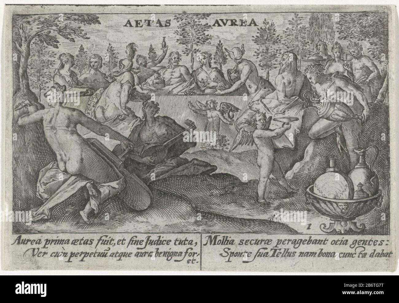 Het Gouden tijdperk Aetas Avrea (titel op object) Metamorfosen van Ovidius  (serietitel) the Golden age: humans live in harmony. Men and women sit  around a table, drinking and making music. At the