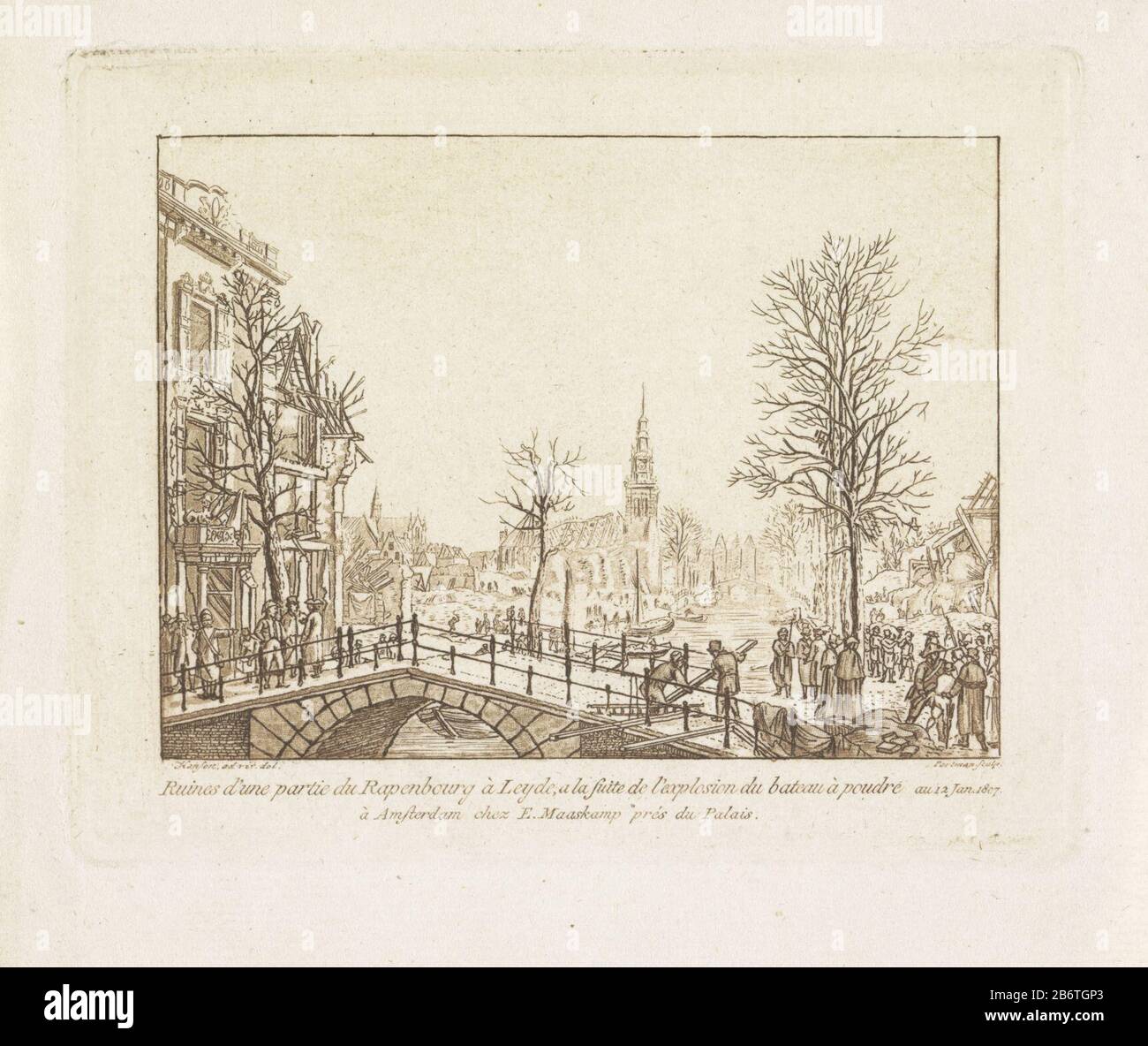 View from the New Lane Bridge on the devastated area after the gunpowder disaster Rapenburg (Steenschuur) in Leiden on 12 January 1807. cleanup work after the disaster , carrying away victims. Central to the Saaihal. Manufacturer : printmaker: Ludwig Gottlieb Portman (listed property) to drawing: Carel Lodewijk Hansen (listed building) publisher Evert Maaskamp (listed property) Place manufacture: printmaker: Netherlands Publisher: Amsterdam Date: 1816 Physical Features: Etching and aqua tint, printed in brown material: paper Technique: etching / aqua hue / color measurements: plate edge: h 103 Stock Photo