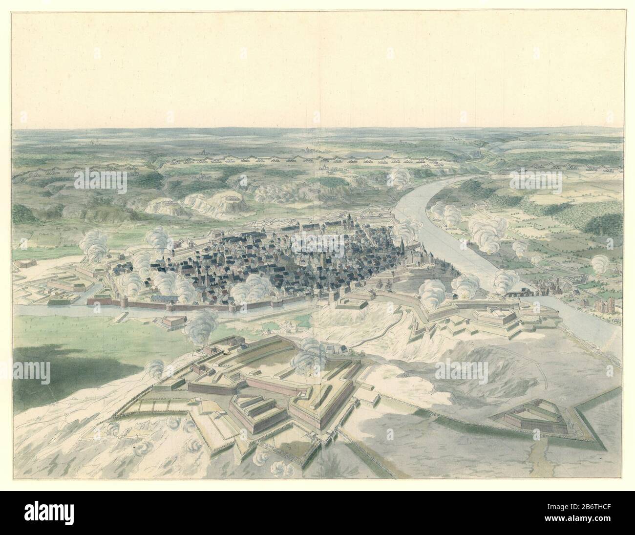 Het beleg van Namen in 1695 View from the hills behind the Namur citadel of the fortress and the city. At various places in the presentation indicate puffs on shelling. Under siege in the summer of 1695 by the Allies under William III. Manufacturer : artist: Dirk Maas Place manufacture: Northern Netherlands Date: 1695 Physical features: pen in gray and brush in water color material: paper watercolor ink technology: pen / brush Dimensions: sheet: H 389 mm × W 505 mm Subject: fortress prospect of city, town panorama, silhouette of city siege siege and conquest of Namur (1695) When: 1695 - 1695 Stock Photo