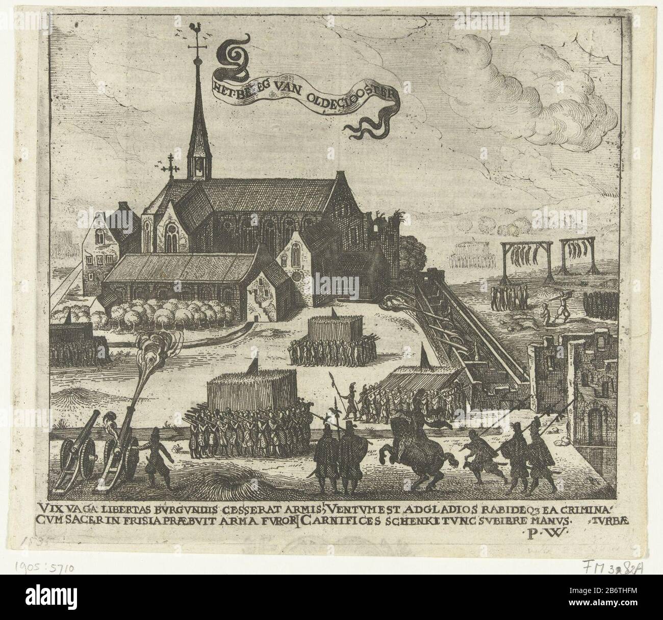 Het beleg van Oldeklooster, 1535 Het Beleg van Oldeclooster (titel op object) The siege of the Anabaptists occupied Oldeklooster in Bolsward by the troops of governor Georg Schenck April 1535. Manufacturer : printmaker Pieter Feddes Harlingen (listed property) Place manufacture: Northern Netherlands Date: 1620 - 1622 Physical features: etching material: paper Technique: etching dimensions: plate edge: h 162 mm b × 180 mmToelichtingIllustratie cut out from P. Winsemius, Chroniqve or too historical history File of Vrieslant, J. Lamrinck, Franeker 1622. Subject: spreads, war of Anabaptists riot i Stock Photo