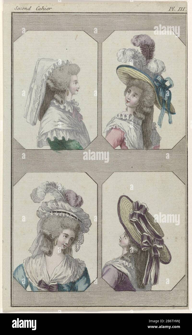 According to the accompanying text on pp. 12 and 13 of the second Cahier: top left: tulle hat, à la Jannette. Fichu of 'gaze d'Italie', 'à la Henri IV', buttoned with a pink ribbon. Gown of green satin or satin gros vert. The earrings are 'plaques'. Top right: hat à la Marlborough 'Where: two white feathers and a purple feather; decorated with blue ribbons. Fichu of 'gaze d'Italie', 'à la Henri IV. Gown of pink satin. Bottom left: Cap à la Figaro 'by' gaze d'Italie ', in which a white and purple spring. In the middle of a band of black velvet adorned with white pearls. Two brushes (?) Of pearl Stock Photo